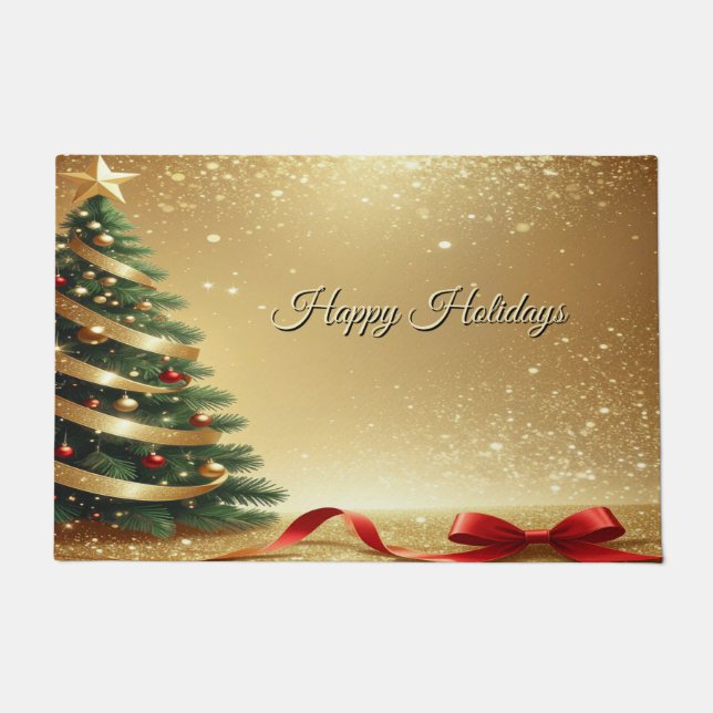 Tapete Christmas Tree Ribbons Holiday Doormat (Frente)