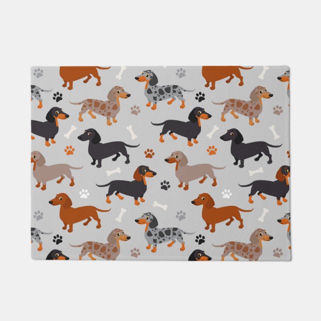 Tapete Cinza de padrões de patrulhas e ossos de Dachshund (Frente)