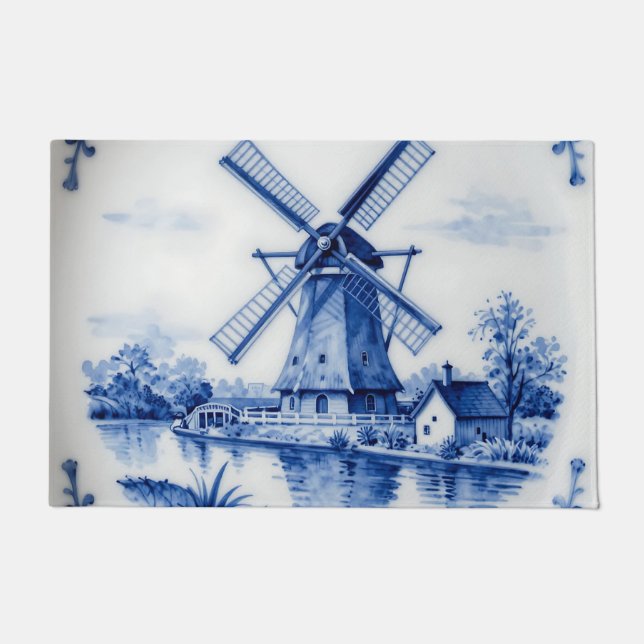 Tapete Classic Delft Blue Windmill Canal Scene (Frente)