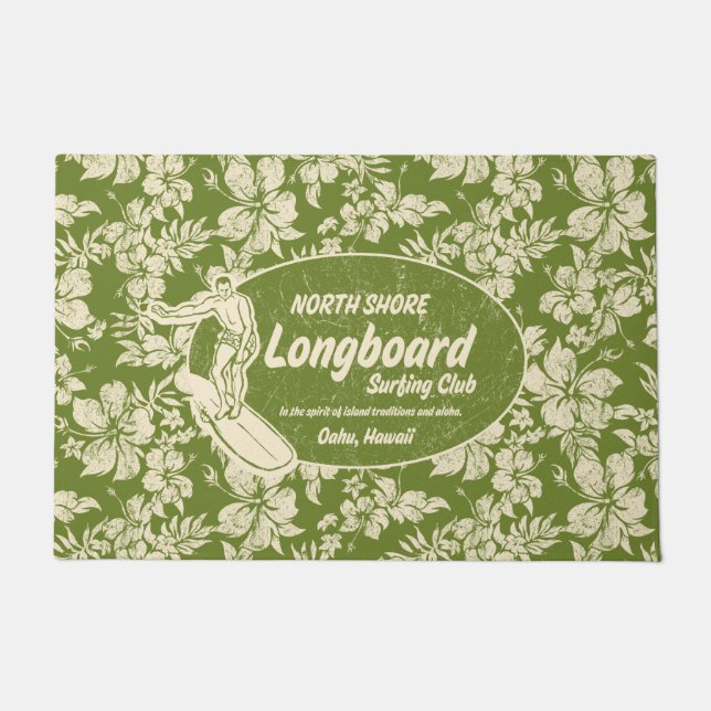Tapete Clube de Surf Longboard Logo e Hibisco Verde (Frente)