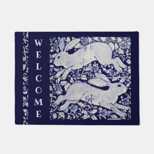 Tapete Coelho Azul e Branco Coelho Coelho Bem-vindo Arte