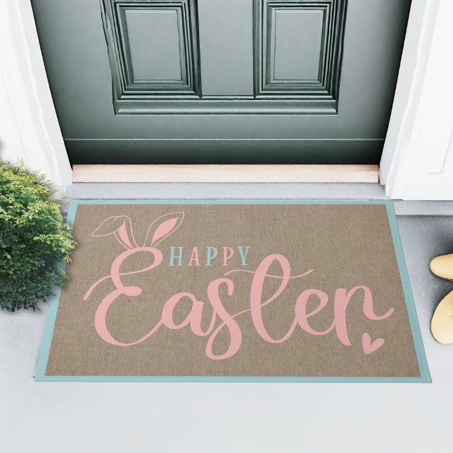Tapete Colmeia E Pastas Felzs pascoa Com Ouvidos Coelhinh (Burlap And Pastels Happy Easter With Bunny Ears Doormat)