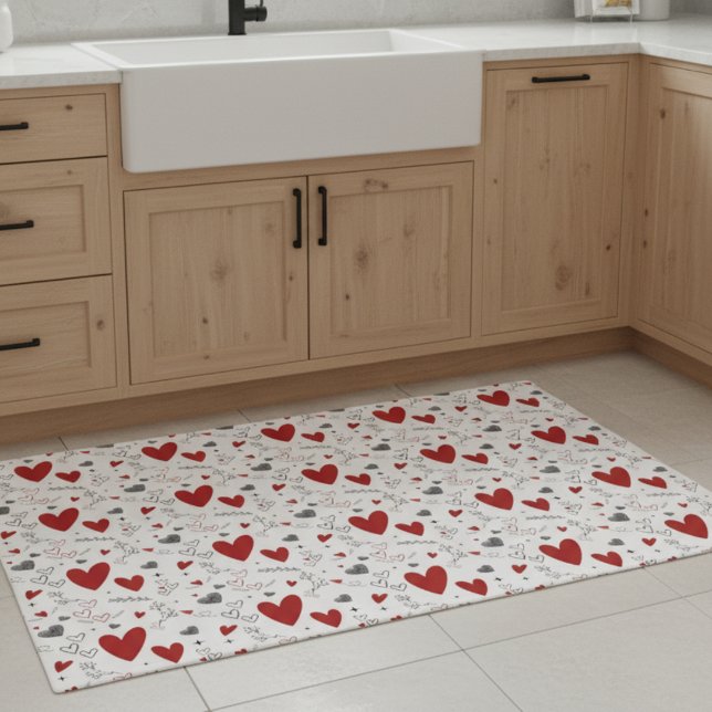 Tapete Corações de Rabiscos Vermelhos e Pretos Amor  (fun red and black hearts doodles hand drawn love valentines february rug doormat)