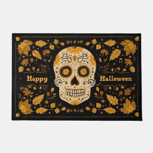 Tapete Cranio de Halloween Feliz Laranja em Negrito (Frente)