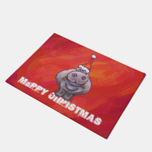 Tapete Cute Hippo em Santa Hat em vermelho