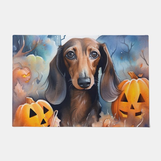 Tapete Dachshund Halloween Com Pumpkins Assustado (Frente)