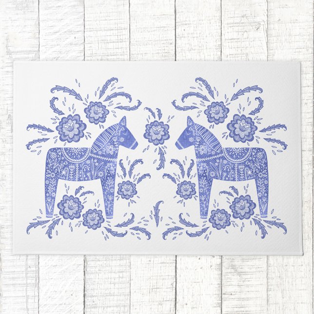 Tapete Dala Horse Blue e White Doormat (Swedish Dala Horse folk art blue and white doormat)