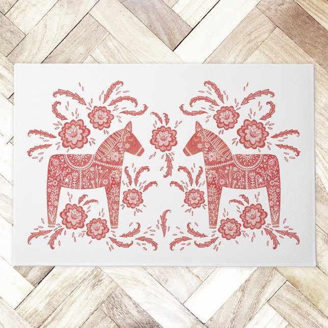 Tapete Dala Horse Red e White Suecos (Swedish Dala Horse red and white door mat)