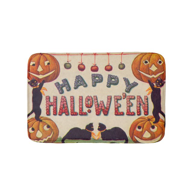Tapete De Banheiro Abóbora Jack O Lantern Sorridente Gatos Pretos Maç (frente)