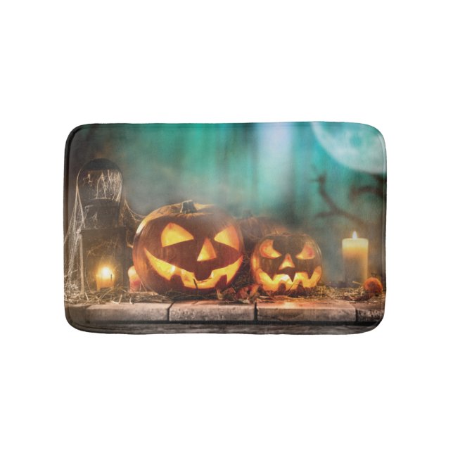 Tapete De Banheiro Abóboras de Halloween e morcegos  (frente)
