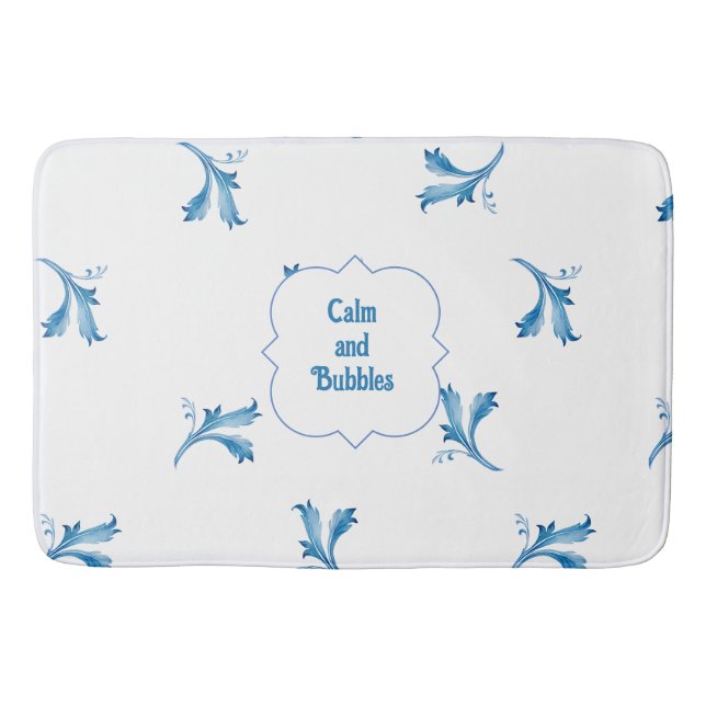 Tapete De Banheiro Adornos de Folha de Azulejo Azul Minimalista Cláss (Frente)