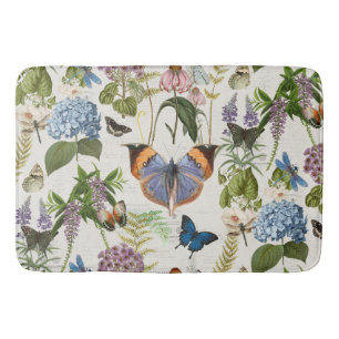 Tapete De Banheiro Algodão Floral Azul Botânico Hidrania Borboleta