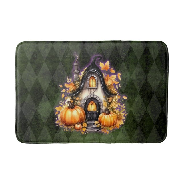 Tapete De Banheiro Algodão Gótico de Queda de Halloween Verde Argyle (Frente)