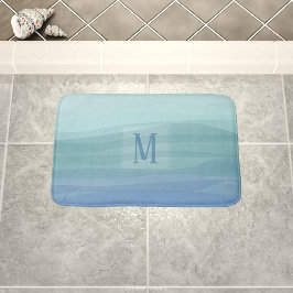 Tapete De Banheiro Aqua Blue Watercolor Onda Monograma Bath Mat