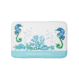 Tapete De Banheiro Aqua e Branco personalizados do cavalo de mar náut
