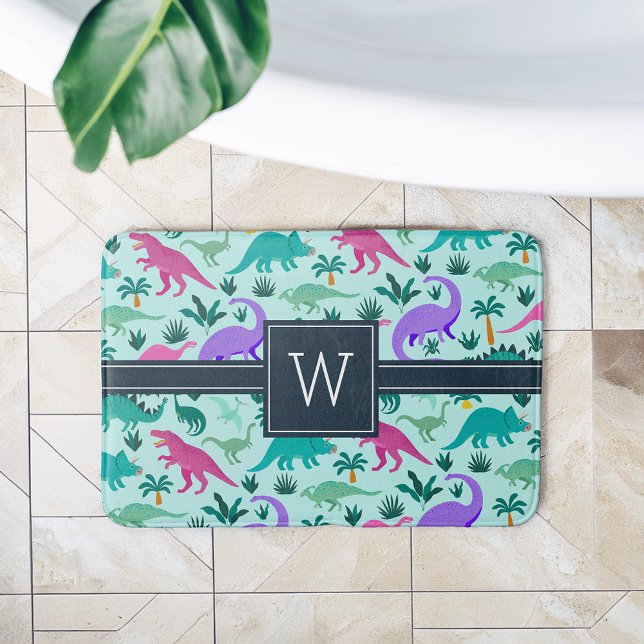 Tapete De Banheiro Aqua | Monograma - Padrão De Dinossauro Colorido (Criador carregado)