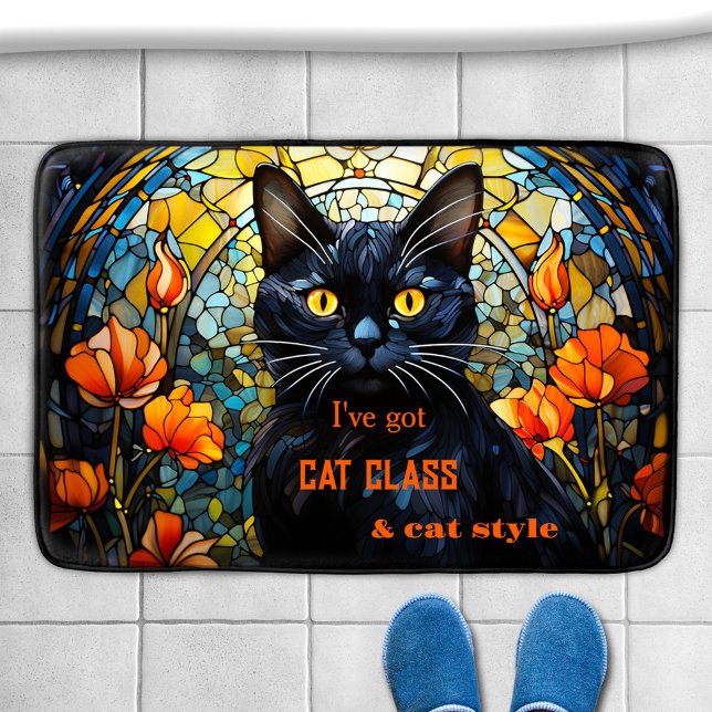Tapete De Banheiro Art Nouveau - Vidro Estido (Bath mat featuring an illustration of a black cat in art nouveau style stained glass / leaded glass)