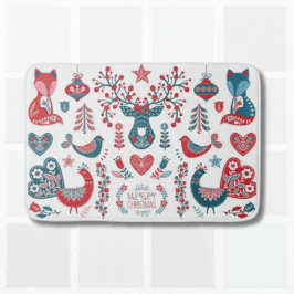 Tapete De Banheiro Arte Popular Escandinava de Natal Vermelho e Azul