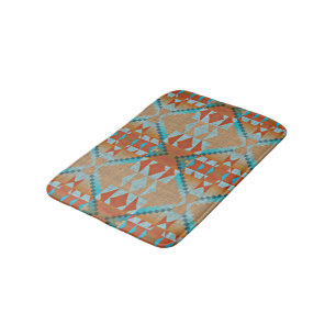 Tapete De Banheiro Arte Tribal Laranja Marrom Água Turquesa Azul