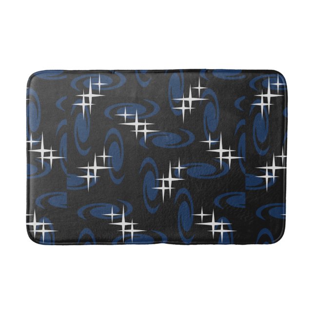 Tapete De Banheiro Atomic Age Swirls Stars Pattern Black Navy Blue (Frente)