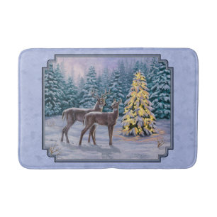 Tapete De Banheiro Azul de inverno de Deer e Árvore de Natal