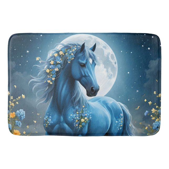 Tapete De Banheiro Azul Fantasia Flores de Lua de Cavalo Mágico, (Frente)