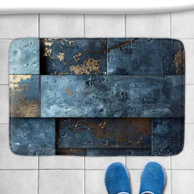 Tapete De Banheiro Azul Industrial Abstrato  (Bath mat featuring an abstract industrial design in blue and gold colors)