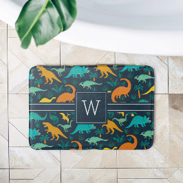 Tapete De Banheiro Azul Marinho | Monograma - Padrão De Dinossauro Co