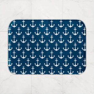 Tapete De Banheiro Azul Marinho Náutico e Padrão de Âncora de Barco B