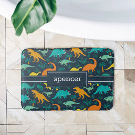 Tapete De Banheiro Azul Marinho | Nome das Crianças de Padrão de Dino