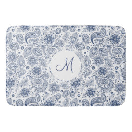 Tapete De Banheiro Azul Vintage Padrão Floral Monograma Bath Mat