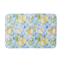 Tapete De Banheiro Azulejo Azul País Francês Amarelo Limão Aquarela