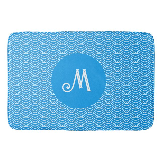 Tapete De Banheiro Azure Blue Wave Pattern Monogramed Bath Mat (Frente)