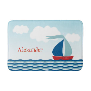 Tapete De Banheiro Barco à Vela Fofo na Água, Náutica Personalizada