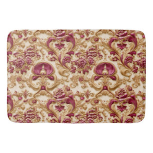 Tapete De Banheiro Barroco Floral Luxuoso Dourado e Borgonha