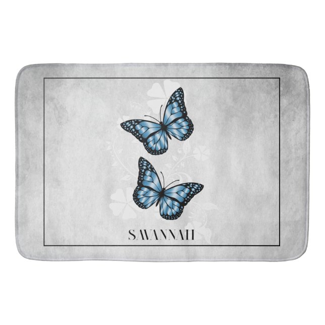 Tapete De Banheiro Bath Mat Personalizada Floral de Borboleta Azul (Frente)