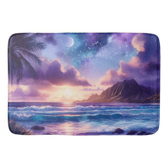 Tapete De Banheiro Bath Mat Purple Night Sky Moon Tropical Beach (Frente)