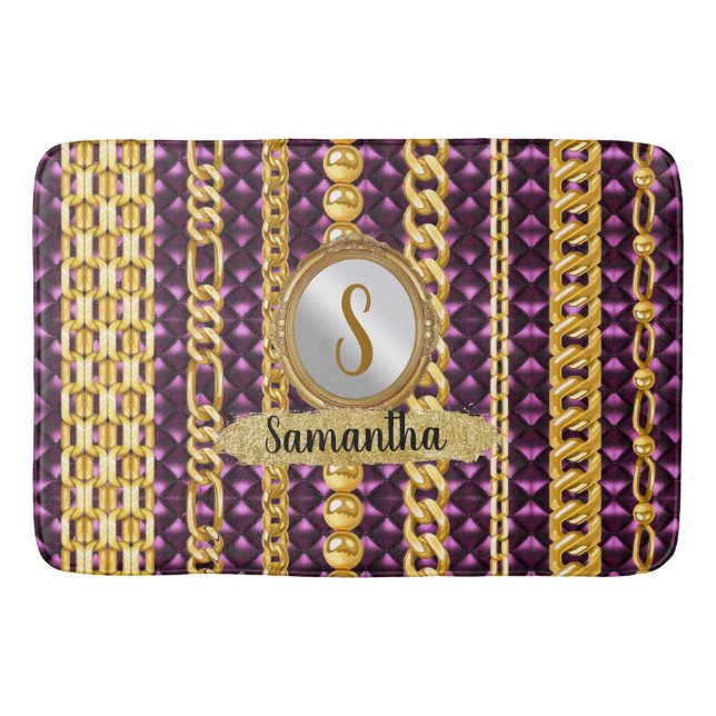 Tapete De Banheiro Bela Veludo Roxo Dourado Monograma Chic Elegante (Frente)