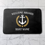Tapete De Banheiro Bem-vindo a bordo Nome do Barco Anchor Dourado Lau<br><div class="desc">Personalize a sua casa ou barco com um tapete de banho náutico elegante, com formato náutico, incluindo o texto a bordo e o nome do barco ou outro texto desejado. Este tapete de inauguração apresenta uma âncora de barco personalizada, com folhas de ouro e emblema de estrela em preto real....</div>