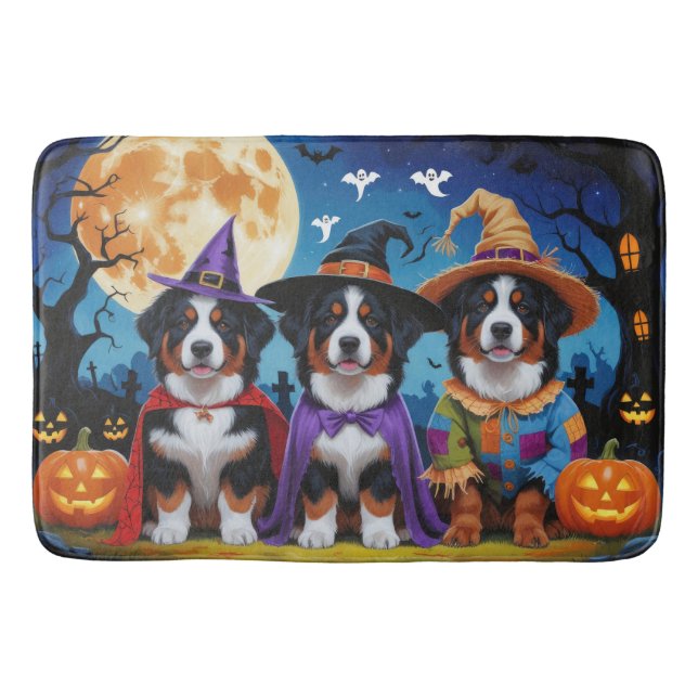 Tapete De Banheiro Bernese Mountain Dogs Pumpkin Halloween Engraçado (Frente)