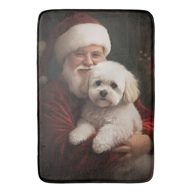Tapete De Banheiro Bichon Frise com Papai Noel Natal Festivo (Frente Vertical)
