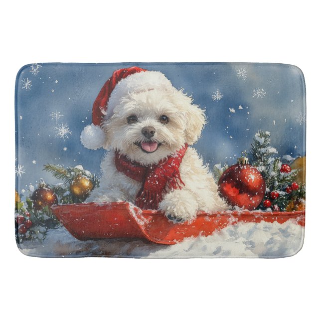 Tapete De Banheiro Bichon Frise Dog Sledge Deixe-o nevar no Natal (Frente)