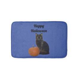 Tapete De Banheiro Black Cat and Pumpkin Happy Halloween Blue