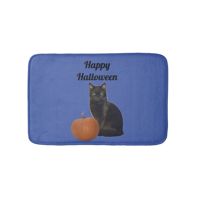 Tapete De Banheiro Black Cat and Pumpkin Happy Halloween Blue (frente)