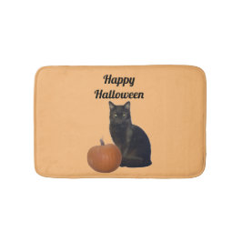 Tapete De Banheiro Black Cat and Pumpkin Happy Halloween Orange