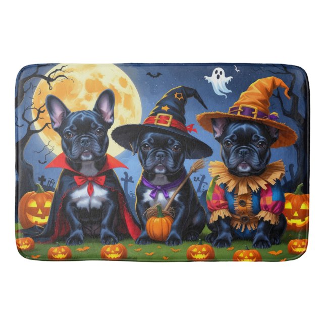 Tapete De Banheiro Black French Buldog Pumpkin Halloween Engraçado (Frente)