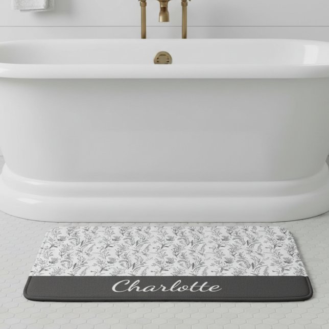 Tapete De Banheiro Black White Toile Floral Custom Name (black and white toile floral custom name bath mat gift for her house warming party)
