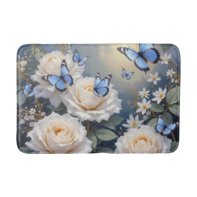 Tapete De Banheiro Blue Butterflies On White Roses and Daisies (Frente)