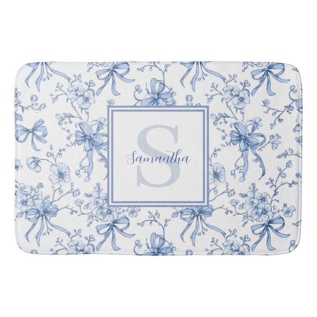 Tapete De Banheiro Blue Floral French Toile Monogram Name  (Frente)