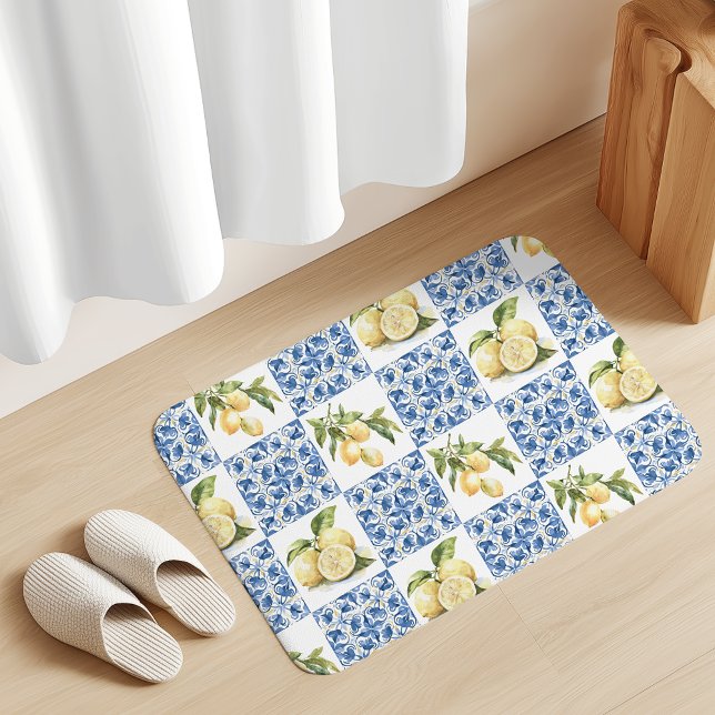 Tapete De Banheiro Blue Tile French Country Lemon Pattern (Criador carregado)